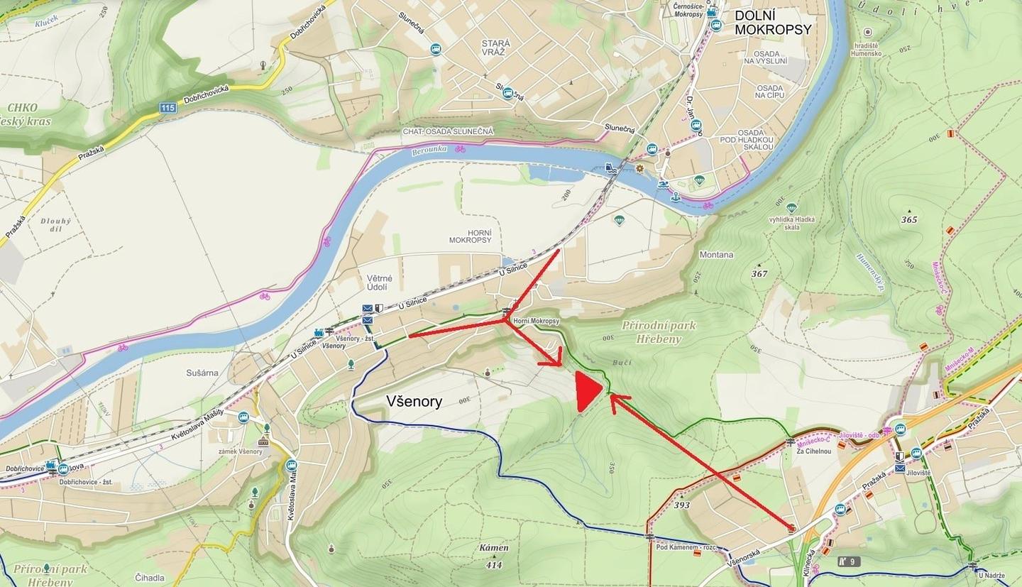 Mapa okolí Všenor s vyznačeným místem sázení