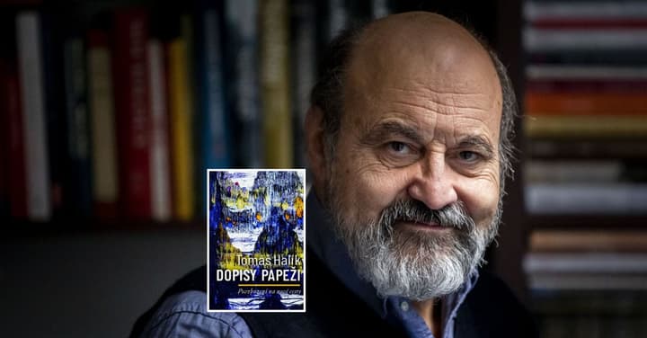 Tomáš Halík před knihovnou a obálka jeho knihy Dopisy papeži