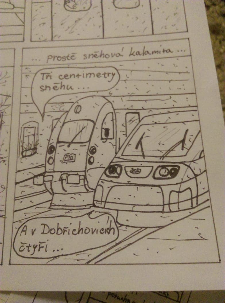 Kresba z komiksu s vlaky na trati